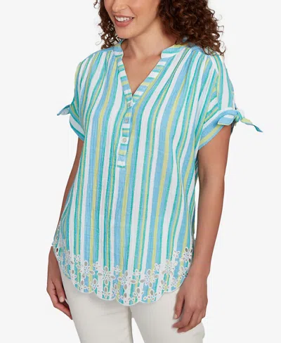 Ruby Rd. Petite Scalloped Stripe Embroidered Tie Sleeve Top In Green