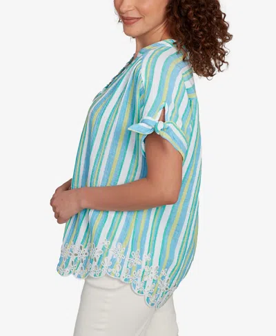 Ruby Rd. Petite Scalloped Stripe Embroidered Tie Sleeve Top In Green