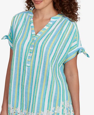 Ruby Rd. Petite Scalloped Stripe Embroidered Tie Sleeve Top In Green