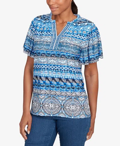 Ruby Rd. Petite Motif Stripe Embroidered Puff Print T-shirt