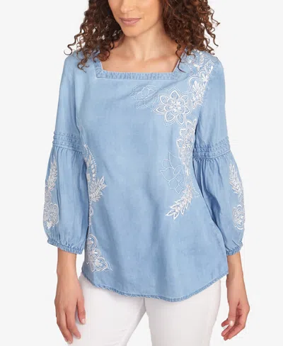Ruby Rd. Petite Floral Embroidered Square Neck Top