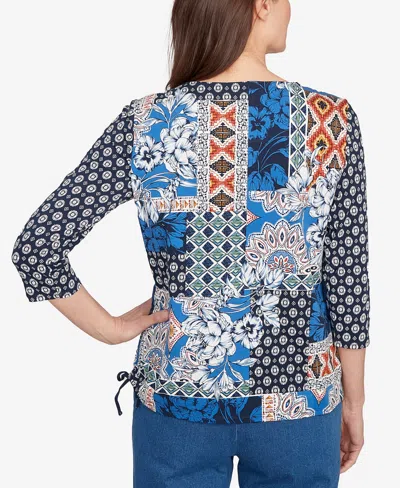 Alfred Dunner Women's Batik Patchwork Drawstring Crew Neck Top In Blue