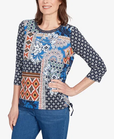 Alfred Dunner Women's Batik Patchwork Drawstring Crew Neck Top In Blue