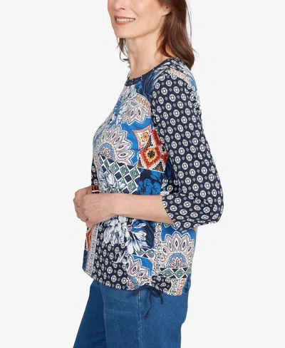 Alfred Dunner Women's Batik Patchwork Drawstring Crew Neck Top In Blue