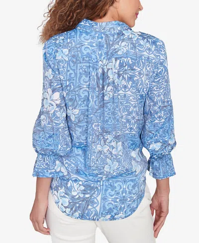 Ruby Rd. Petite Silky Floral Tile Button Tie Front Top