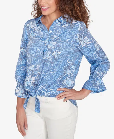 Ruby Rd. Petite Silky Floral Tile Button Tie Front Top