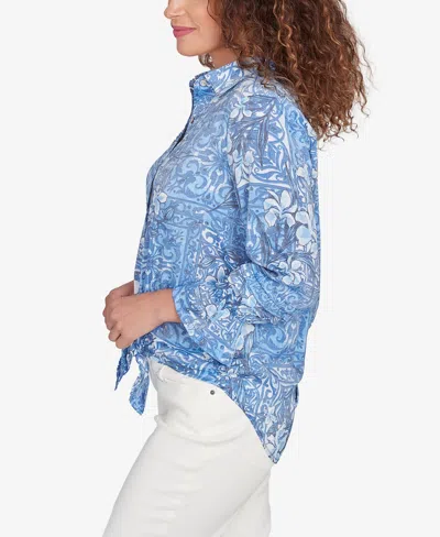 Ruby Rd. Petite Silky Floral Tile Button Tie Front Top