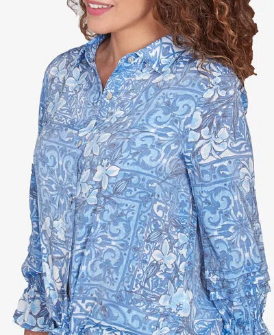 Ruby Rd. Petite Silky Floral Tile Button Tie Front Top
