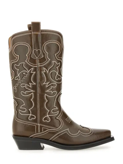 Ganni Mid Shaft Embroidered Western Boot Oleatex Boots Black