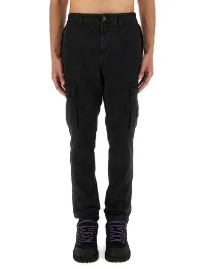 Stone Island Black Slim Cargo Pants With Elasticated Waist And Logo Patch In Stretch Cotton Man
