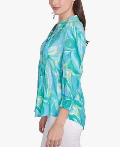 Ruby Rd. Petite Abstract Tropical Silky Button Front V-neck Top
