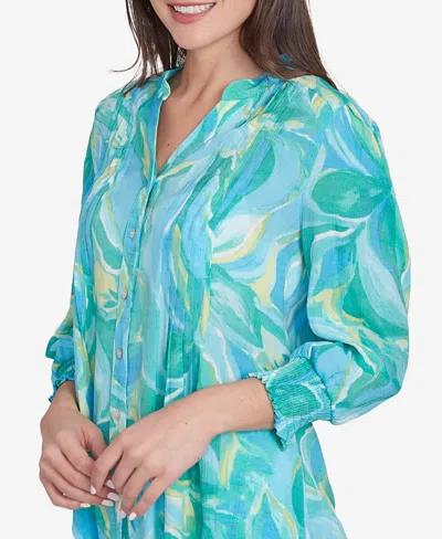Ruby Rd. Petite Abstract Tropical Silky Button Front V-neck Top