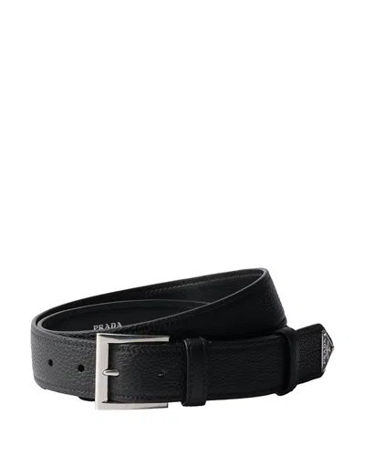 Prada Men Cintura In Pelle Saffiano Con Triangolo Logo In Black