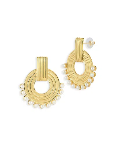 Aqua Imitation Pearl Ribbed Hoop Drop Earrings - Exclusive In Gold