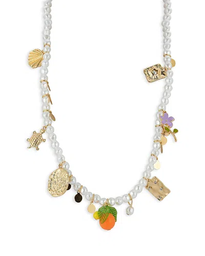 Aqua Crystal & Imitation Pearl Charm Necklace, 16-19 - Exclusive In Metallic