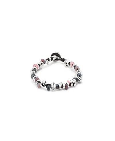 Unode50 Sterling Silver-plated Beaded Bracelet With Leather