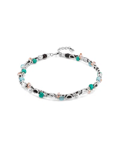 Unode50 Short Double Leather Strap Necklace With Sterling Silver-plated Links
