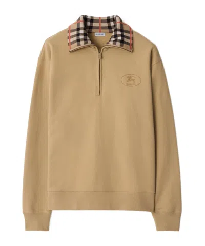 Burberry Beige Stripe Collar Half-zip Sweatshirt In Brown
