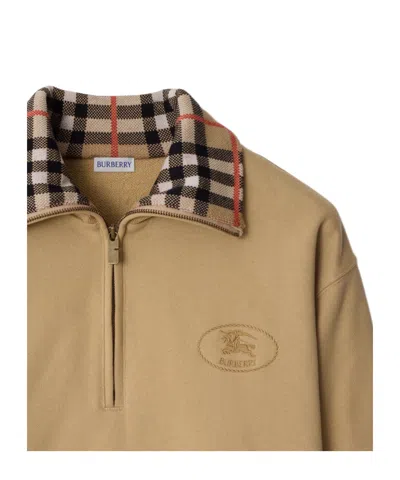 Burberry Beige Stripe Collar Half-zip Sweatshirt In Brown