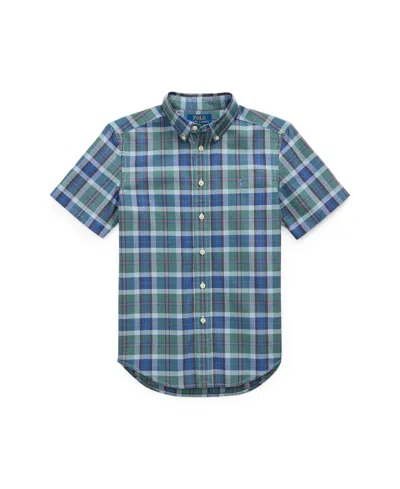 Polo Ralph Lauren Kids' Short Sleeve Plaid Cotton Button-down Oxford Shirt In Blue