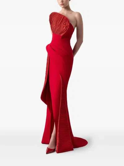 Gaby Charbachy Pleated Draped Evening Gown In Red