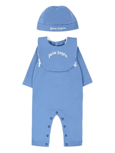 Palm Angels Light Blue Babygrow Set For Baby Boy With Logo In Blue