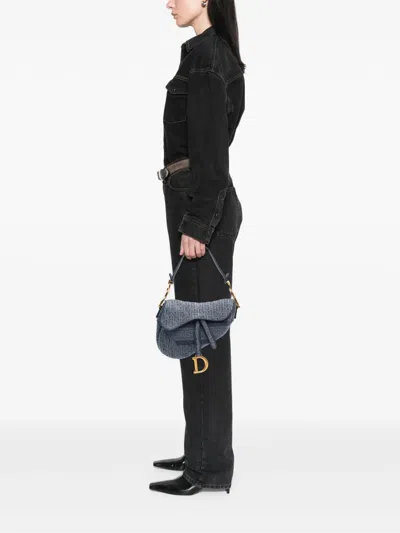 Pre-owned Dior 2019 Oblique Embroidered Denim Saddle Bag Shoulder Bag