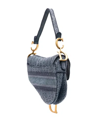 Pre-owned Dior 2019 Oblique Embroidered Denim Saddle Bag Shoulder Bag