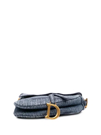 Pre-owned Dior 2019 Oblique Embroidered Denim Saddle Bag Shoulder Bag
