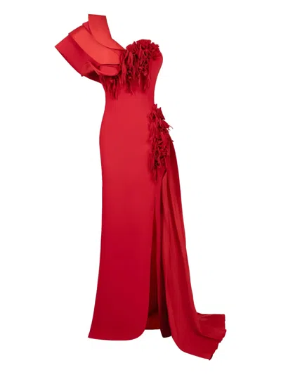 Gaby Charbachy Ruffle-detail Side-split Evening Gown In Red