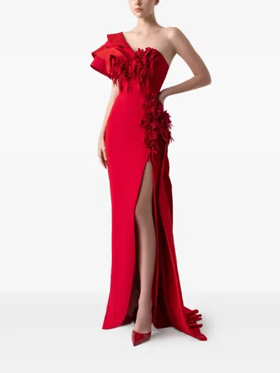 Gaby Charbachy Ruffle-detail Side-split Evening Gown In Red