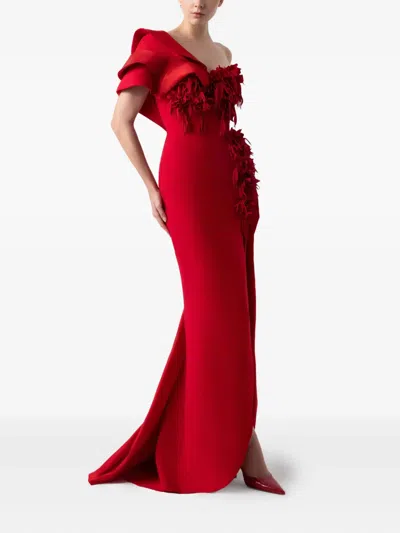 Gaby Charbachy Ruffle-detail Side-split Evening Gown In Red