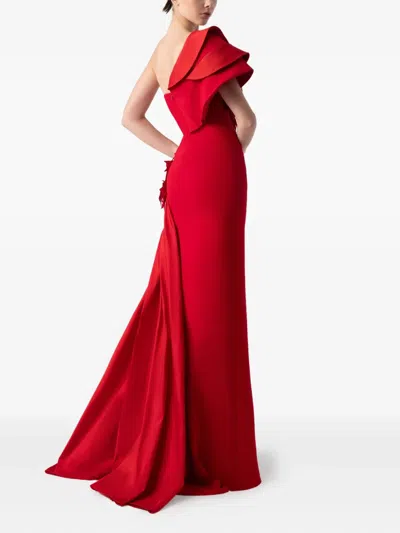 Gaby Charbachy Ruffle-detail Side-split Evening Gown In Red
