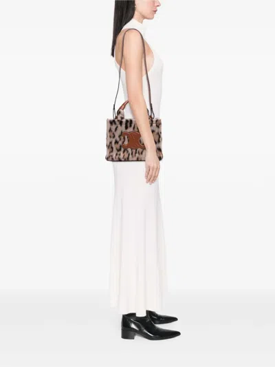 Pre-owned Celine 2023 Small Felt Triomphe Leopard Print Cabas Thais Satchel In Brown
