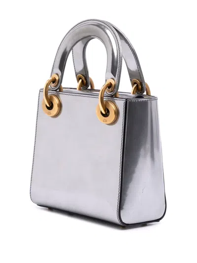 Pre-owned Dior 2018 Mini Metallic Glazed Calfskin Lady  Satchel In Silver