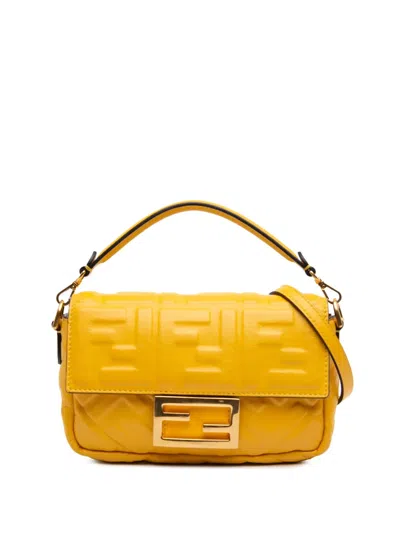 Pre-owned Fendi 2010-2025 Mini Zucca Embossed Leather Baguette Satchel