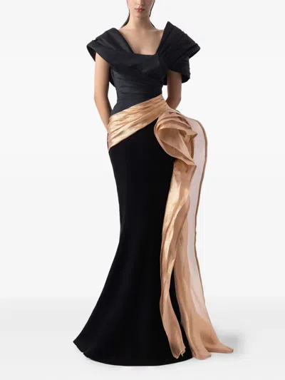 Gaby Charbachy Pleated-panel Draped-hem Evening Gown In Black