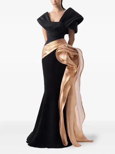 Gaby Charbachy Pleated-panel Draped-hem Evening Gown In Black