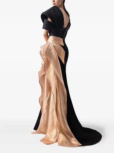 Gaby Charbachy Pleated-panel Draped-hem Evening Gown In Black