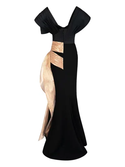 Gaby Charbachy Pleated-panel Draped-hem Evening Gown In Black