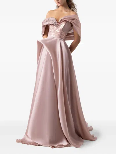 Gaby Charbachy Pleated Off-shoulder Evening Gown In Pink
