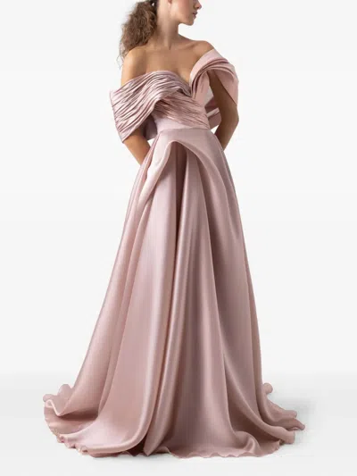 Gaby Charbachy Pleated Off-shoulder Evening Gown In Pink