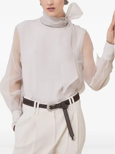Brunello Cucinelli Pussybow Silk Blouse In Nude
