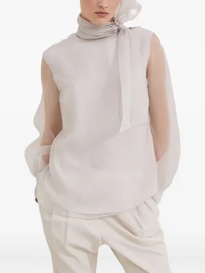 Brunello Cucinelli Pussybow Silk Blouse In Nude