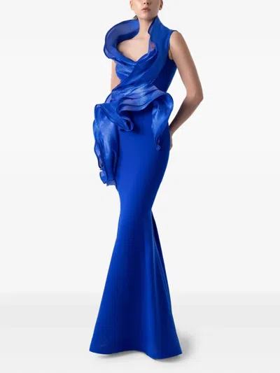 Gaby Charbachy Draped-ruffle Evening Gown In Blue