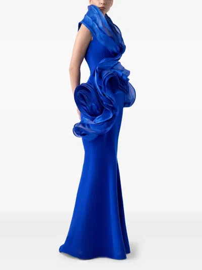 Gaby Charbachy Draped-ruffle Evening Gown In Blue
