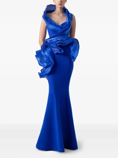 Gaby Charbachy Draped-ruffle Evening Gown In Blue