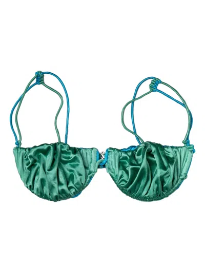 Isa Boulder Reversible Ruched Bikini Top In Blue