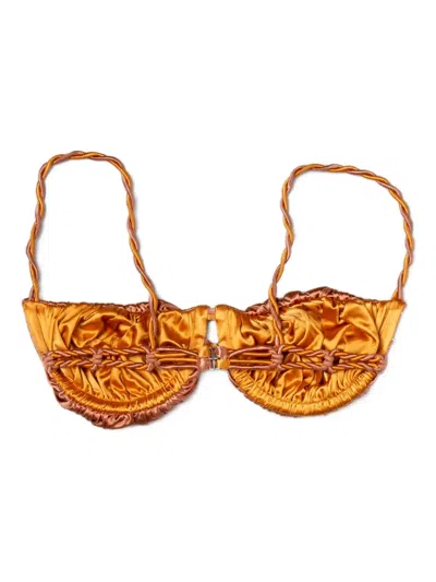 Isa Boulder Twisted-strap Satin Bikini Top In Gold