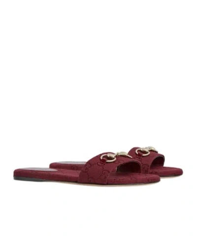 Gucci Horsebit Gg Canvas Slides In Burgundy